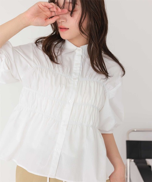 ブラウス シャツ 「再予約」WEB限定/シャーリングブラウス レディース titivate ブラウス シャツ 5分袖バルーンシャーリングブラウス
