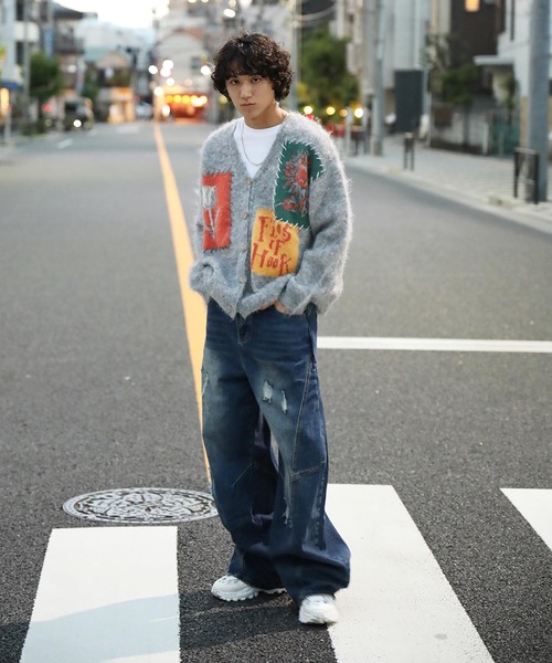 【限定値下げ】R&R ヴィンテージ　パッチワークカーディガン カーディガン HOOK -original- 絵画パッチワーク風長起毛カーディガン