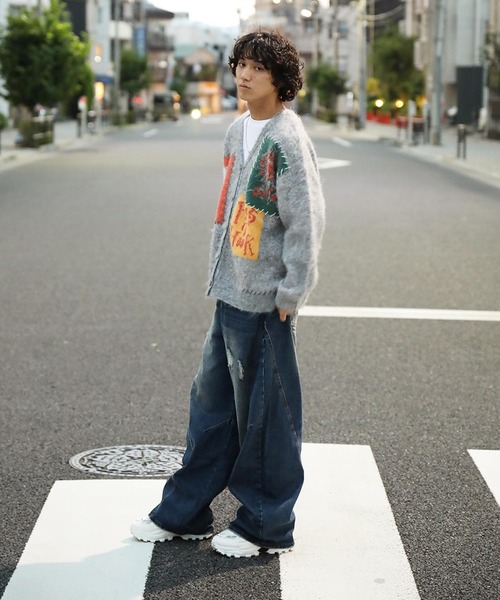 カーディガン HOOK -original- 絵画パッチワーク風長起毛カーディガン