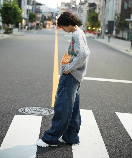 カーディガン HOOK -original- 絵画パッチワーク風長起毛カーディガン