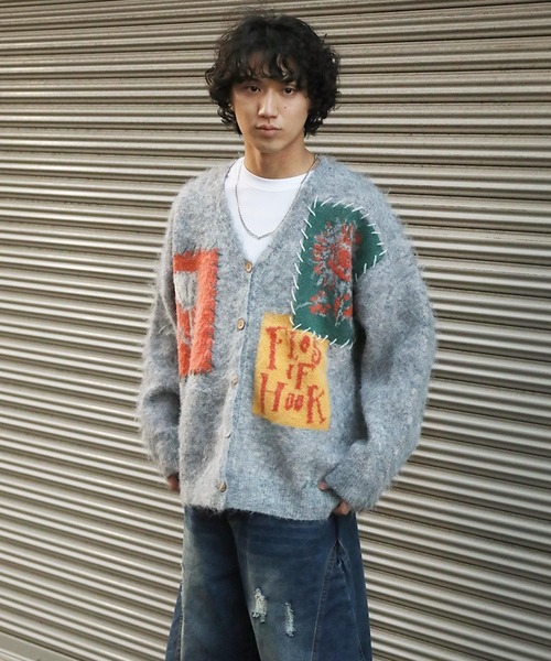 カーディガン HOOK -original- 絵画パッチワーク風長起毛カーディガン