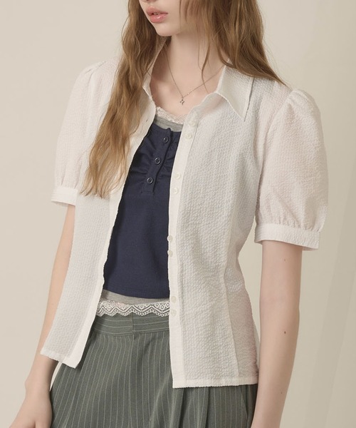 hazyl ブラウス シャツ 半袖 W button puff sleeves shirt / ダブル 