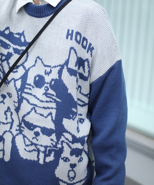 極美品　マークアンドロナ　近年　防風　裏地付　セーター　スニード　配色切替ニット セーター ニット HOOK -original- 激カワ にゃんにゃんマフィア総柄