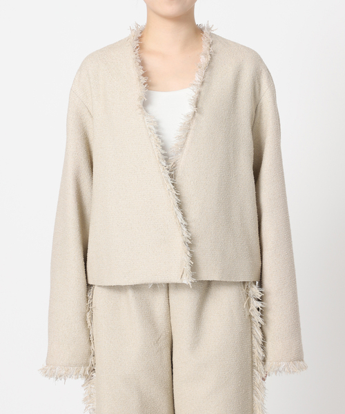 studio CLIPベージュ ツィードノーカラージャケット フリンジ仕上げ SLY ジャケット ノーカラージャケット SPRING TWEED FRINGE JK