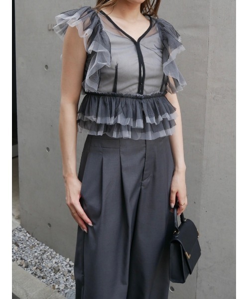 ブラウス シャツ バイカラーフリルデザインブラウス レディース rienda ブラウス シャツ バイカラーフリルチュールブラウス 夏服