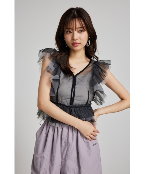 リュクス フリル トップス バイカラー トレンド 2色 きれいめ rienda ブラウス シャツ バイカラーフリルチュールブラウス 夏服