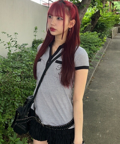 ★FANCY CLUB ★STRIPE BUTTON COLLAR TEE FANCY CLUB tシャツ A'GEM/9 × .kom 「 CLUB/ファンシークラブ
