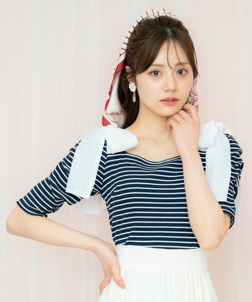 tシャツ ショルダーリボンパワショルトップス レディース
