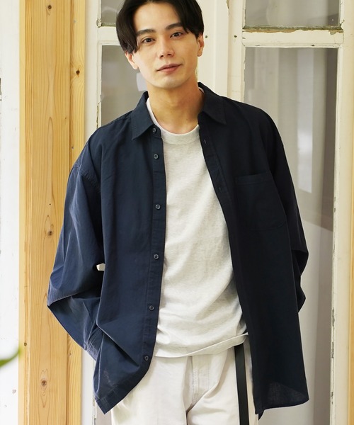 ANEI ビッグシルエット シャツ ネイビー 日本製 コットン レーヨン 3 En serio TOKYO シャツ 綿麻BIGシルエットシャツ メンズ レディース