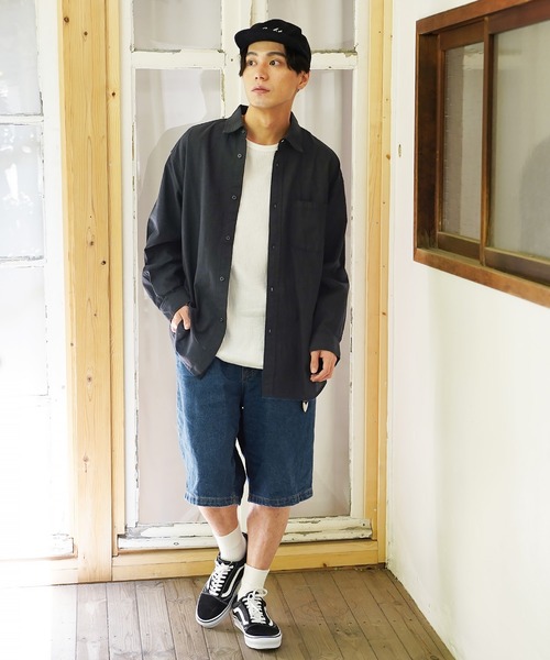 ANEI ビッグシルエット シャツ ネイビー 日本製 コットン レーヨン 3 En serio TOKYO シャツ 綿麻BIGシルエットシャツ メンズ レディース