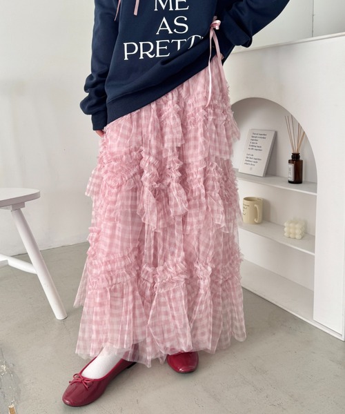 VIVIENNE TAM チュールティアードロングスカート チェック ボリューム