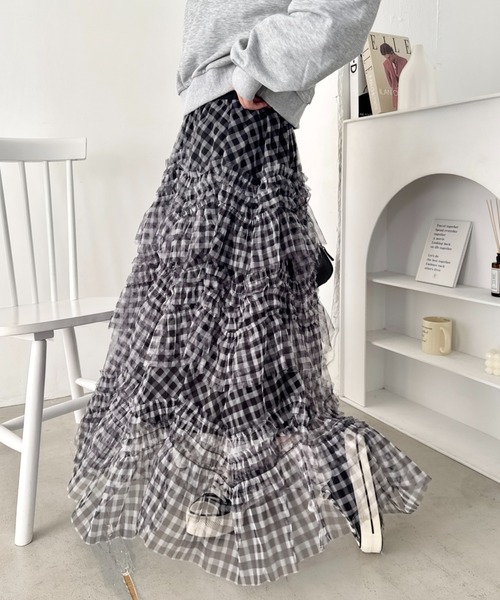 VIVIENNE TAM チュールティアードロングスカート チェック ボリューム VIVIENNE TAM チュールティアードロングスカート チェック ボリューム