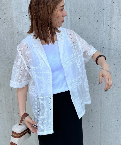 ブラウス シャツ 半袖 パッチワーク風総刺繍半袖シャツジャケット