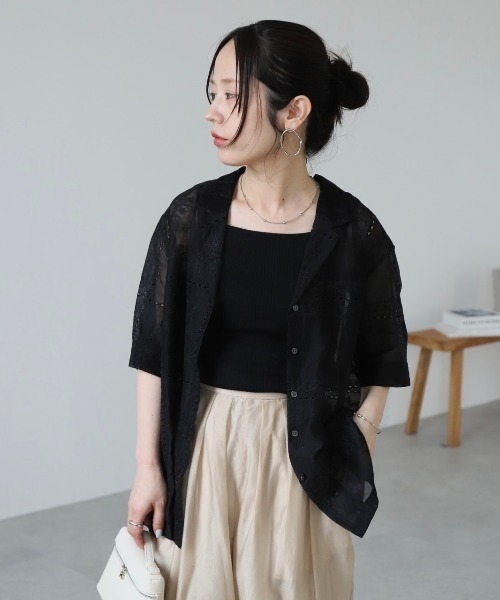 ブラウス シャツ 半袖 パッチワーク風総刺繍半袖シャツジャケット