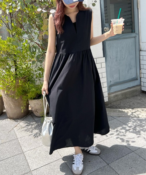TROIS リネンロングワンピース 半袖 黒 Futier Land ワンピース リネンVネックロングワンピース