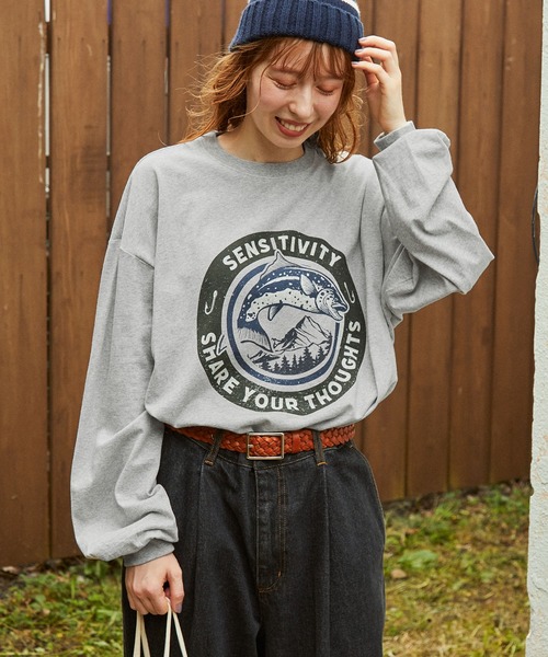 PEOPLESTYLE 長袖Ｔシャツ ファッション プリント ヴィンテージ tシャツ ヴィンテージライク フィッシュ グラフィックプリント