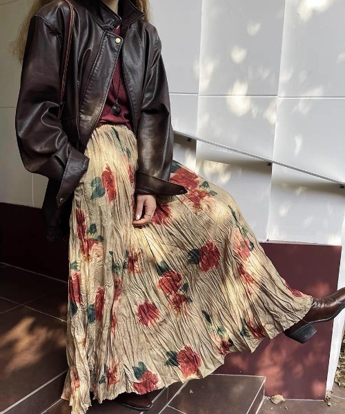 deux amour スカート 花柄シワ加工プリーツ楊柳ロングスカート