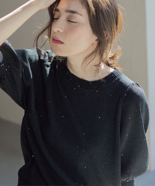 ニット セーター 「洗える／スパンコール」パフスリーブニット レディース OPAQUE.CLIP ニット セーター スパンコールパフスリーブニット