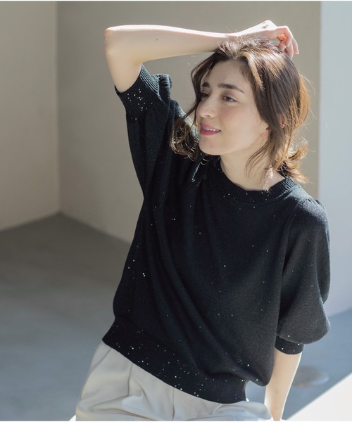 ニット セーター 「洗える／スパンコール」パフスリーブニット レディース OPAQUE.CLIP ニット セーター スパンコールパフスリーブニット
