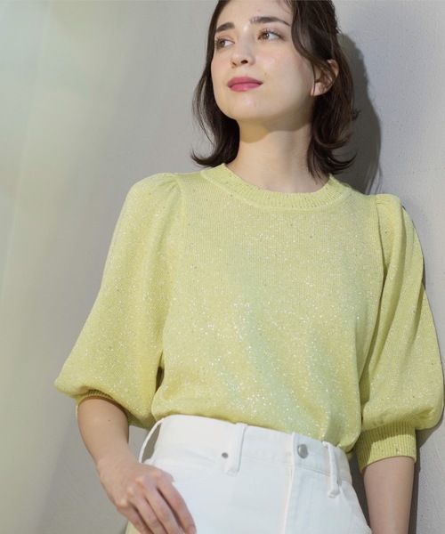 ニット セーター 「洗える／スパンコール」パフスリーブニット レディース OPAQUE.CLIP ニット セーター スパンコールパフスリーブニット