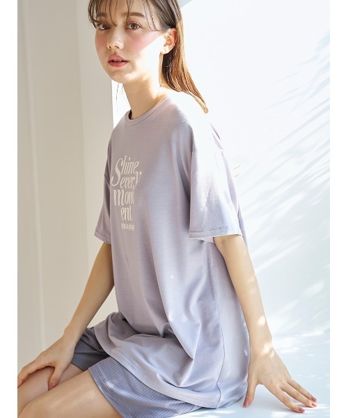 新品✨ジェラートピケ【接触冷感】ロゴTシャツ&リブショートパンツセット グレー gelato pique パジャマ ルームウェア 「接触冷感」ロゴTシャツ