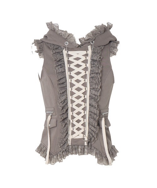 Lace-up frilled lace sleeveless hoodie レディース