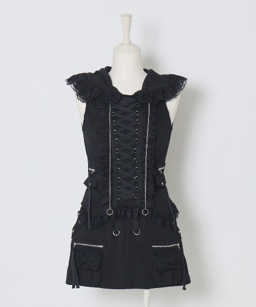 Lace-up frilled lace sleeveless hoodie レディース AVENCHUMU Lace-up frilled lace sleeveless hoodie レディース