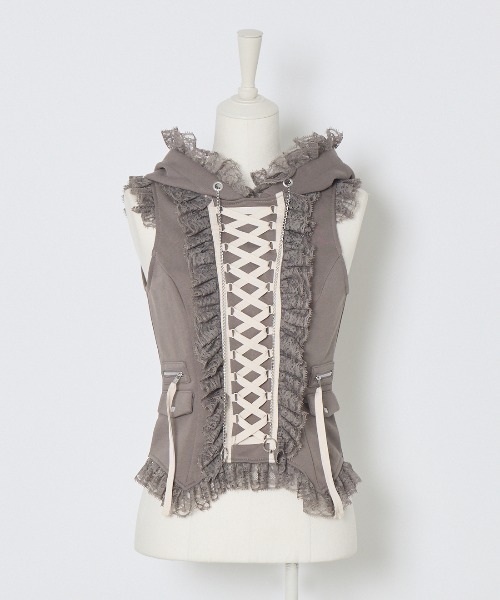 Lace-up frilled lace sleeveless hoodie レディース AVENCHUMU Lace-up frilled lace sleeveless hoodie レディース