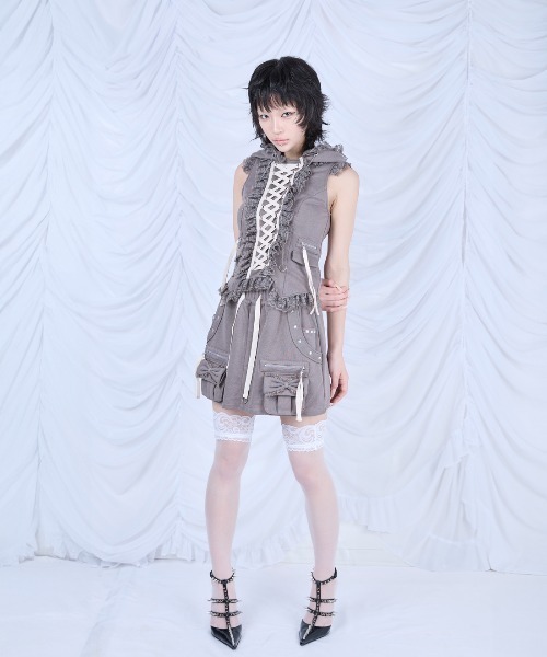 AVENCHUMU Lace-up frilled lace sleeveless hoodie レディース