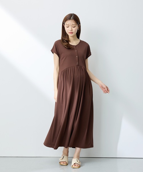授乳口付き マタニティ ワンピース ☆ M Milk tea SALE マタニティ 服 授乳服 授乳口付き！マリー