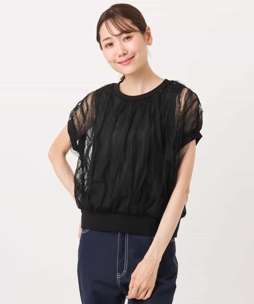 MK ミッシェルクラン（MK MICHEL  ）/チュールテープデザインフレンチスリーブニット/洗える MK MICHEL KLEIN（エムケー ミッシェルクラン） ニット セーター