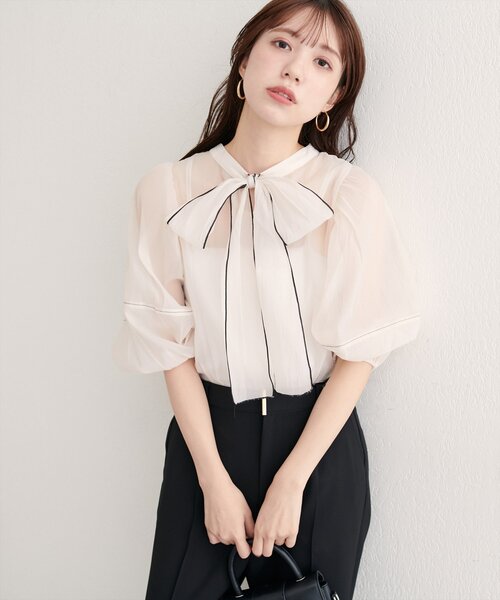 美品！大人気！シアーボウタイブラウス　週末限定値下げ natural couture ブラウス シャツ 「WEB限定」「osono」配色シアー