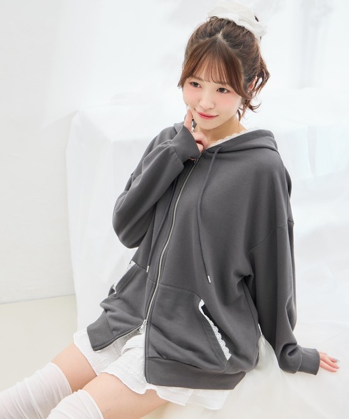 ハンドメイド　レディース　チュニック　トップス　パーカー　フード付き INGNI（イング） パーカー 「WEB限定」レース付ダブルジップスウェット