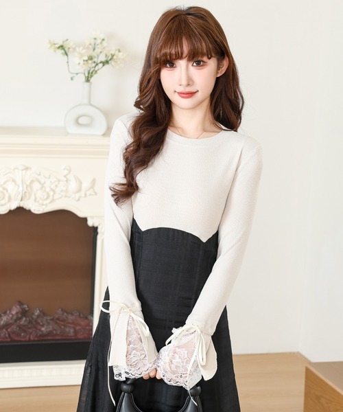 Anely ワンピース 異素材 シアー チェック ドッキング ロング
