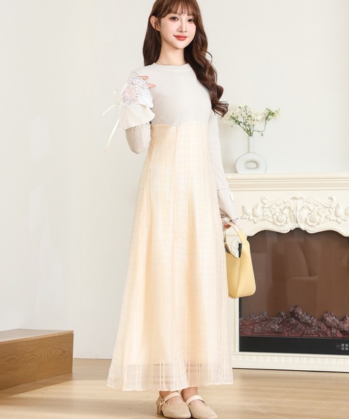 新品未使用【EmiriaWiz】ロングワンピース　チェック　シアー　マキシ丈 Anely ワンピース 異素材 シアー チェック ドッキング ロング