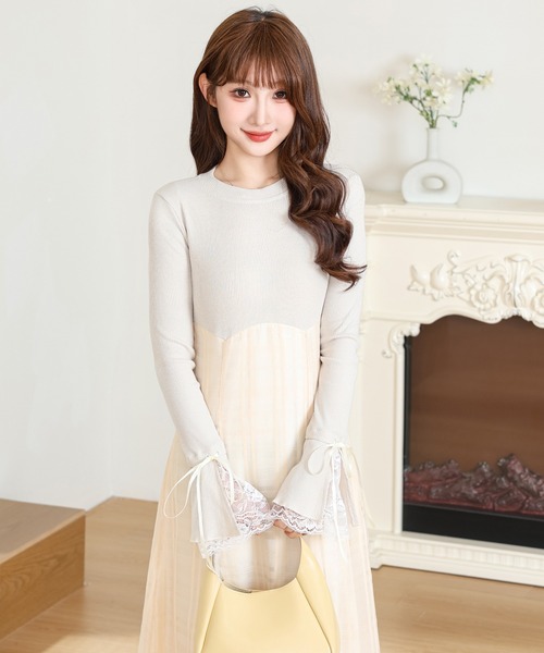 Anely ワンピース 異素材 シアー チェック ドッキング ロング
