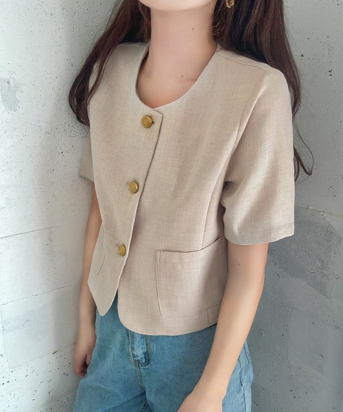 「LAUIR」 ノーカラージャケット X-LARGE ナチュラル レディース_画像9