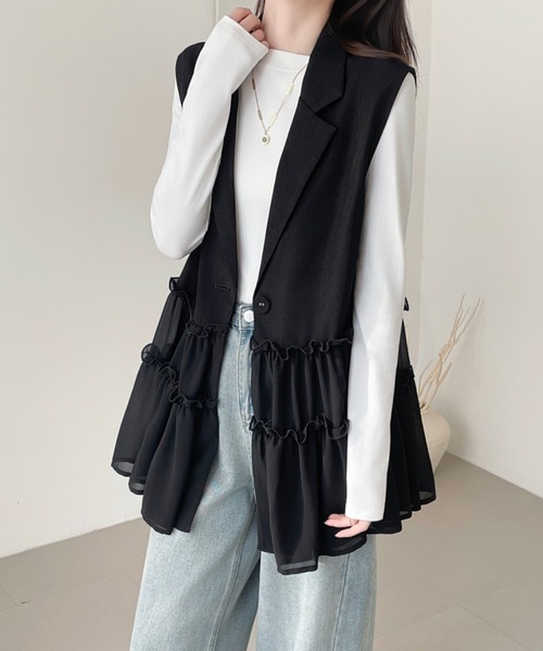 美品 エイココンドウ フリル レース ジレ ベスト 大きいサイズ 42 異素材 ABITOKYO（アビトーキョー） ベスト ジレ 異素材ティアードフリルジレ