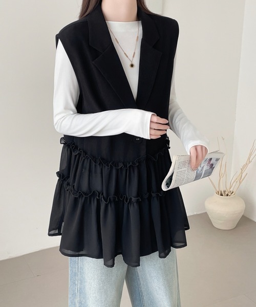美品 エイココンドウ フリル レース ジレ ベスト 大きいサイズ 42 異素材 ABITOKYO（アビトーキョー） ベスト ジレ 異素材ティアードフリルジレ