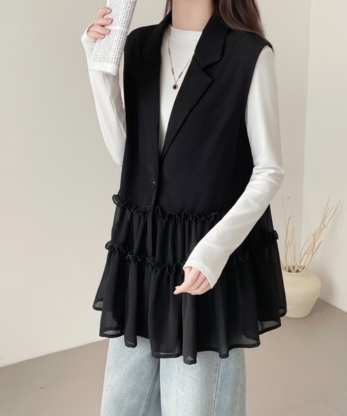 美品 エイココンドウ フリル レース ジレ ベスト 大きいサイズ 42 異素材 ABITOKYO（アビトーキョー） ベスト ジレ 異素材ティアードフリルジレ