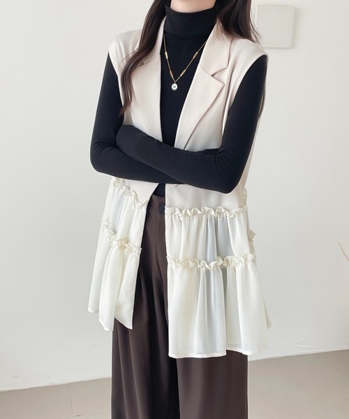 美品 エイココンドウ フリル レース ジレ ベスト 大きいサイズ 42 異素材 ABITOKYO（アビトーキョー） ベスト ジレ 異素材ティアードフリルジレ