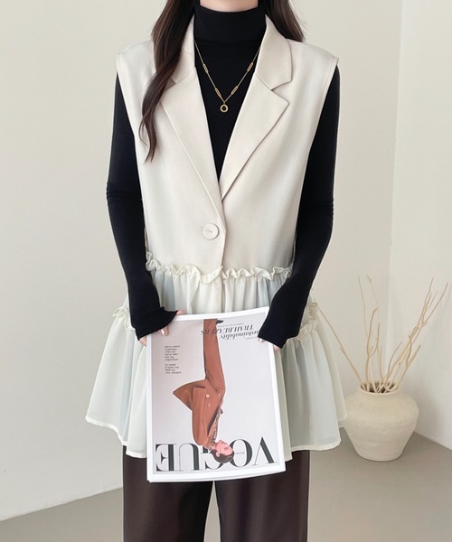 美品 エイココンドウ フリル レース ジレ ベスト 大きいサイズ 42 異素材 ABITOKYO（アビトーキョー） ベスト ジレ 異素材ティアードフリルジレ