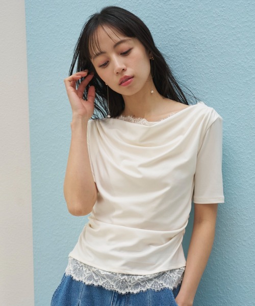 スナイデル USAGI ONLINE限定 レーストリムワンショルカットソー SNIDEL（スナイデル） tシャツ 「USAGI ONLINE限定」レーストリム