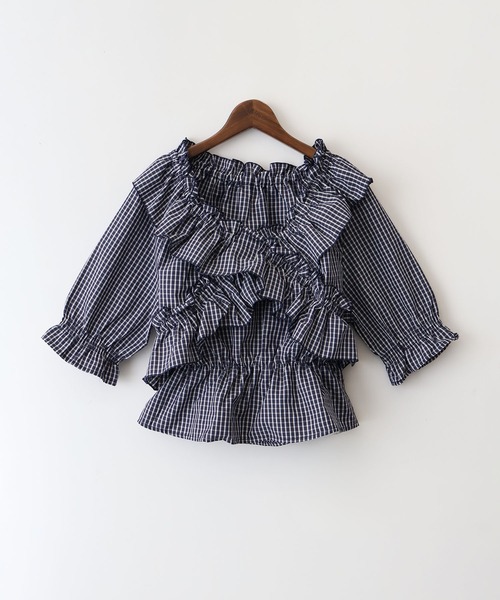 BABY La Petite Fleur 五分袖ブラウス 生成り 綿 SpRay（スプレイ） ブラウス シャツ チェッククロスフリル5分袖