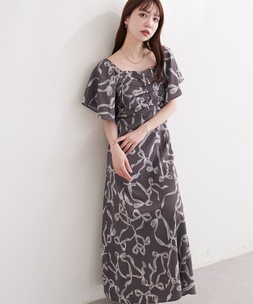 ドゥロワー コットンショートスリーブ フレアワンピース 半袖 グレー ゆったり natural couture ワンピース 半袖 フロントタックデザインフレア