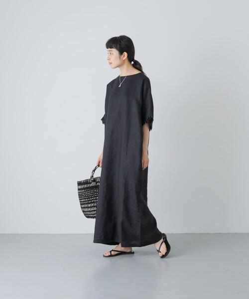 かぐれ ワンピース 半袖 「2サイズ展開」リネンフリルスリーブ