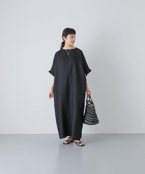 かぐれ ワンピース 半袖 「2サイズ展開」リネンフリルスリーブ