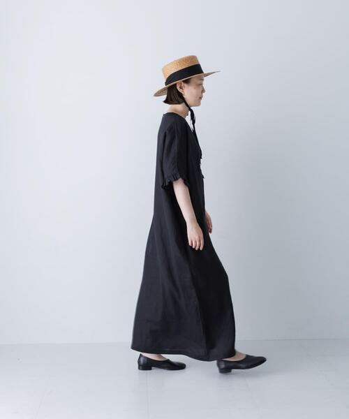人気作家様　MONG SCENT フリル襟　リネン半袖ワンピース かぐれ ワンピース 半袖 「2サイズ展開」リネンフリルスリーブ