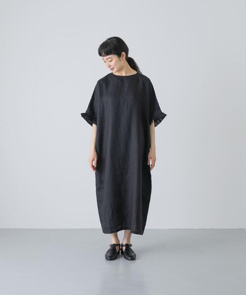 かぐれ 半袖ワンピース/FREE/リネン/BLK/GA45-26M015 かぐれ ワンピース 半袖 「2サイズ展開」リネンフリルスリーブ