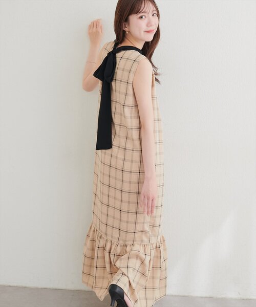 natural couture ワンピース リボン付きノースリチェックワンピース